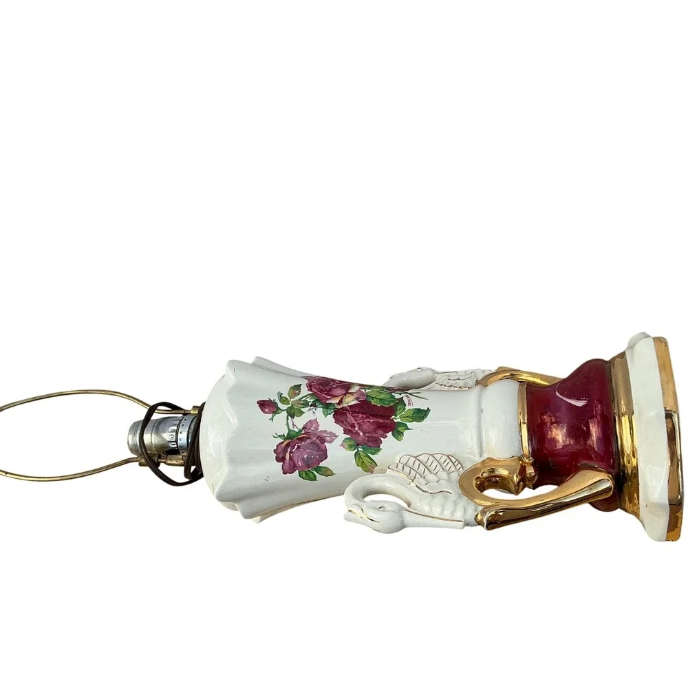 Vintage‎ Swan Handle Ceramic Lamp Floral Rose Design Gold Trim Burgundy White